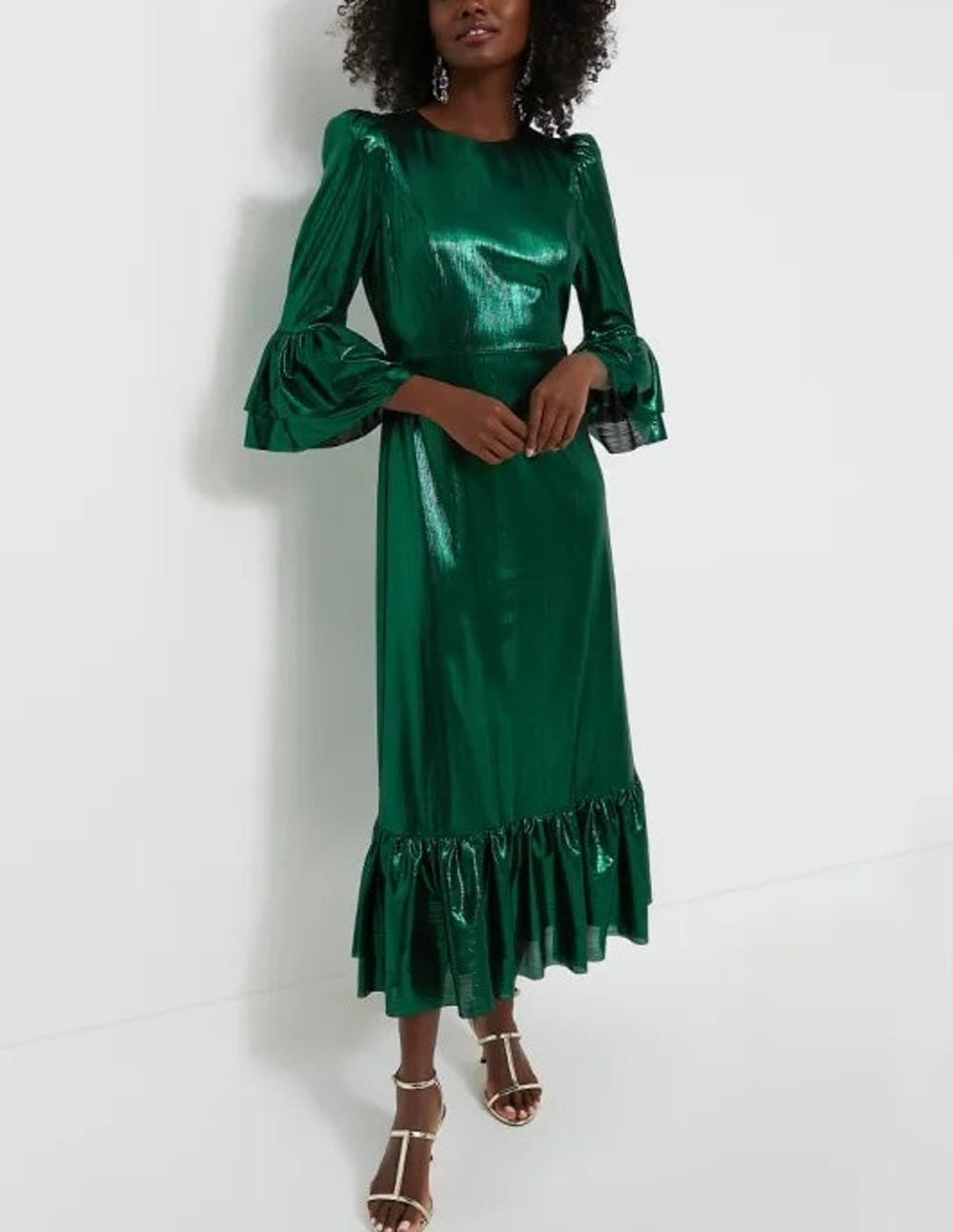 NWT Pomander Place Lilith Midi Dress Crinkle Lurex Emerald Green Women's Size M